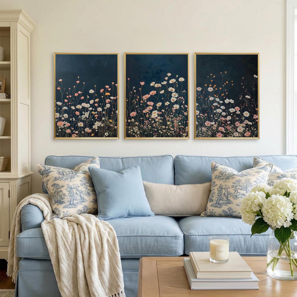 Dark Wildflowers Print Set of 3 Botanical Landscape Navy Blue Wall Art Wildflower Field Printable Modern Farmhouse Wall Decor