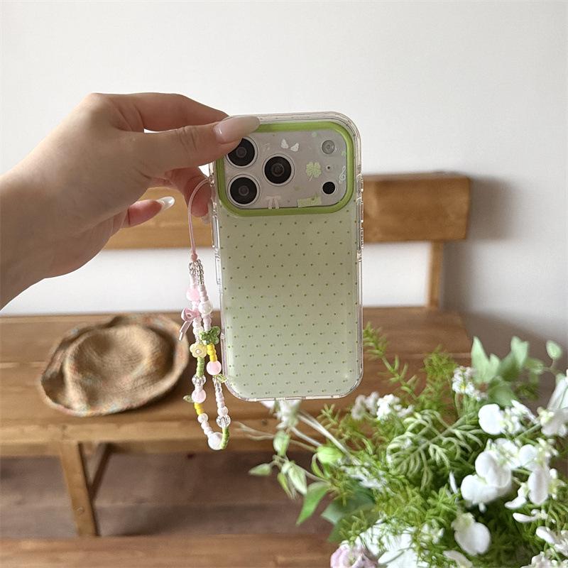 Green Polka Dot Four-Leaf Clover Chain Phone Case for iPhone 17/16 Pro Max/15 Pro
