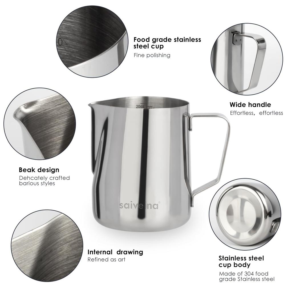 Saiveina Milk Jug Milk Pitcher Stainless Steel Milk Frothing Pitcher Coffee Latte Art Milk Pot Drink Pitcher Stainless Steel Graduated 350ml 12 Oz