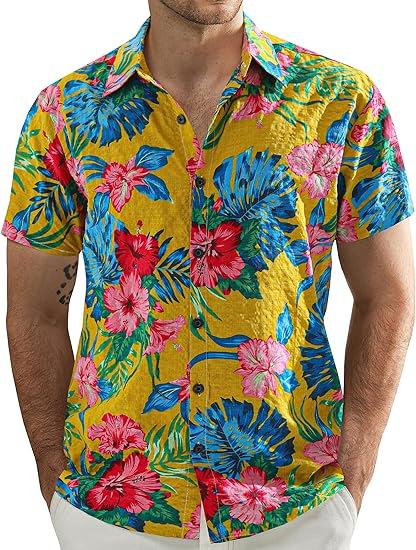 Men's Short Sleeve Shirt, Sunflower Print Loose Fit Shirt, Lightweight Collared Button-Up Casual Top