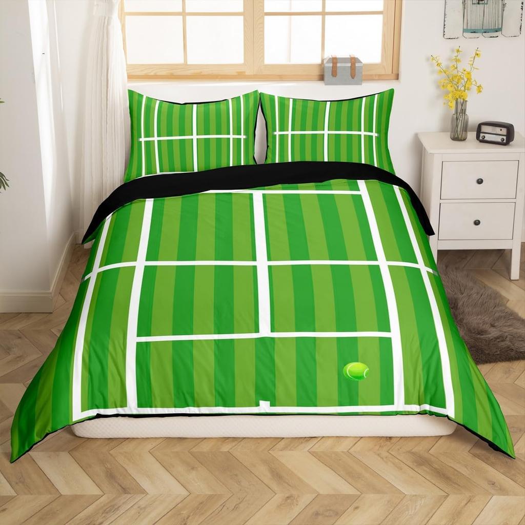 Comforter Tennis Court Twin Queentennis Competition Sports Game Grassland Comforter Geometric White Stripes Bedding Set
