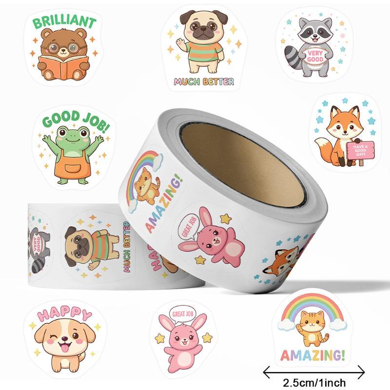 Self-Adhesive Cartoon Animal Encouragement Roll Stickers Fun Reward Decals for Elementary School Teacher Classroom DIY Decor 1Roll