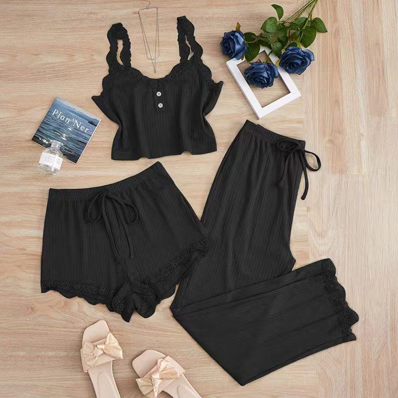 Popular Women's Three-Piece Lace Trim Pajama Set: Camisole, Shorts, and Long Pants