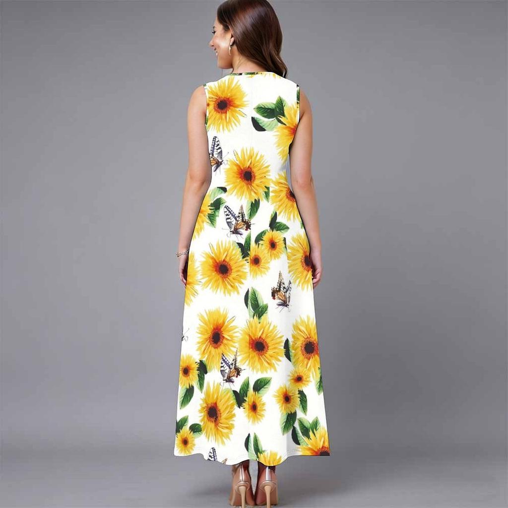 Women Oversized Sleeveless Round Neck Dress Bright Floral Printed Loose Mid Calf Gown