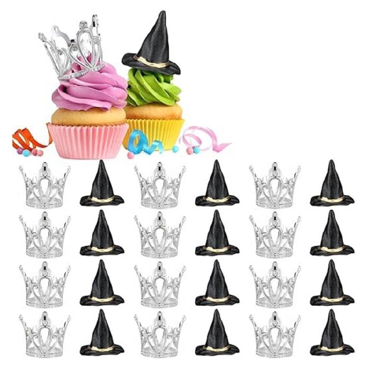24Pcs Plastic Witch Hat Crowns Cake Toppers for Halloween Cupcakes Insert Birthday Party Decoration Supplies