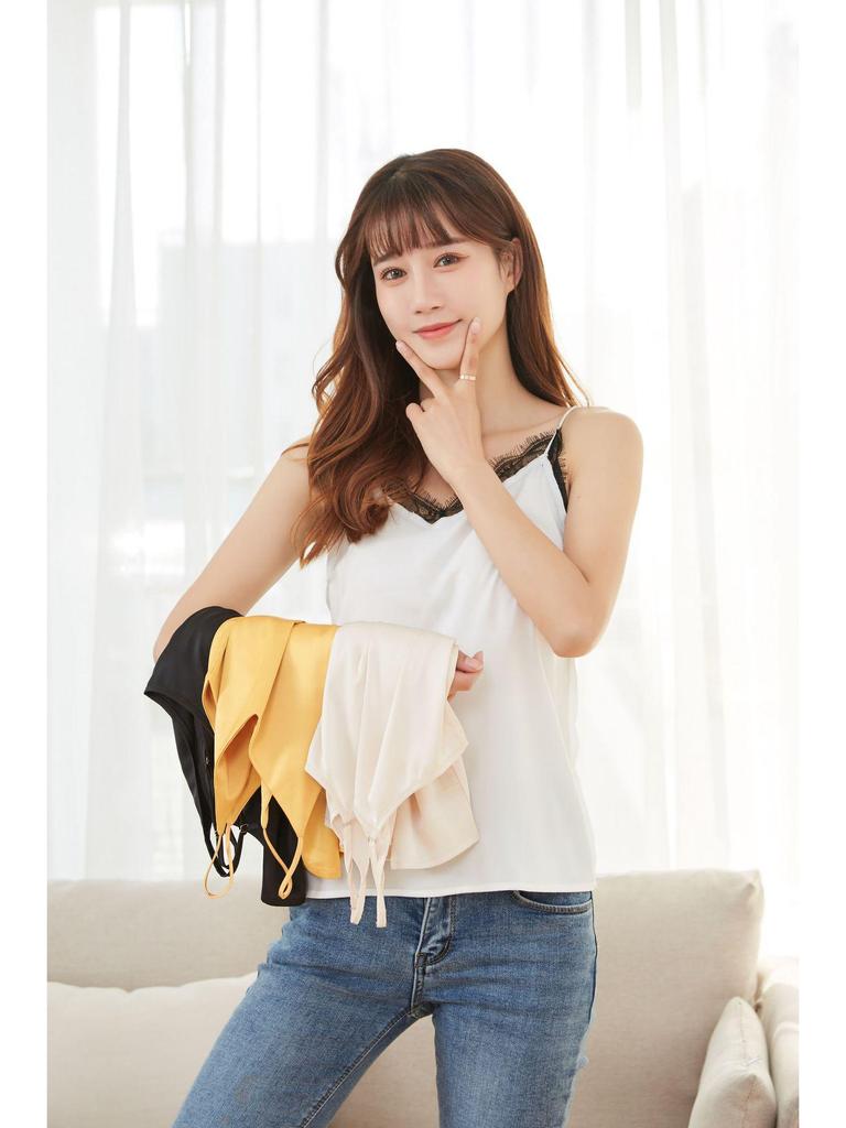 New Spring/Summer Loose Backless Solid Color Silk V-Neck Lace Camisole for Women