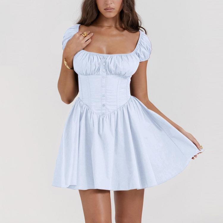 Women's Casual Dresses - Summer Navy Square Neck Mini Dress Elegant A Line Casual Holiday Party Dresses Short Sleeve Vacation Fashion Women