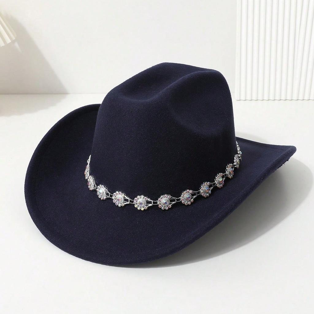 Western cowboy top hat three-dimensional colored gemstone flower small round bead inlaid felt hat outing party jazz hat