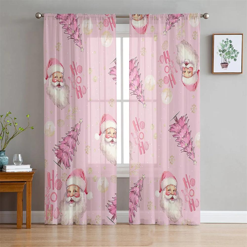 Cartoon Weihnachten Weihnachtsmann Glänzend Rot Rosa Tüll Fenstervorhänge Wohnzimmer Schlafzimmer Transparent Heimdeko Chiffon Voile Küche 2 Stück