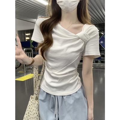 Chic Summer Short Sleeve T-shirt Slim Fit Knot Front Pure Color Womens Beautiful Gentle Top