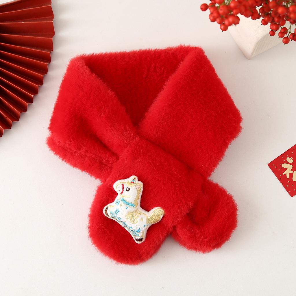 Autumn Winter Children's Scarf Chinese Style Zodiac Animals Red Scarf Cartoon Pony Plush Neck Warm Scarves New Year Gift