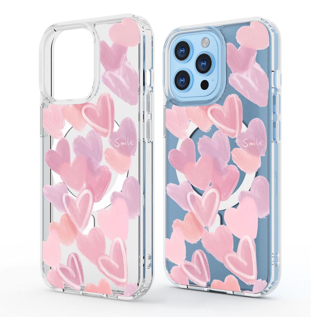 Pink Heart Magnetic Transparent Case for iPhone 15/16/17 Pro Max - Full Coverage Protection