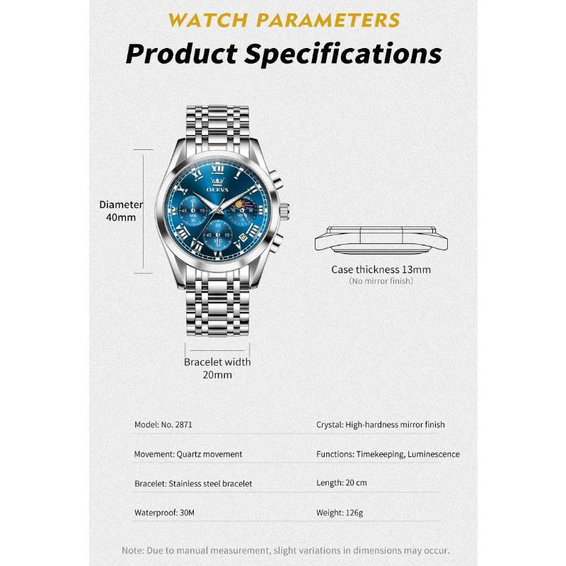 OLEVS Herrenuhr Original Mode Luxusmarke Wasserdicht Leuchtend Quarz Uhr Mondphase Automatisches Datum Uhren für Männer Chronograph