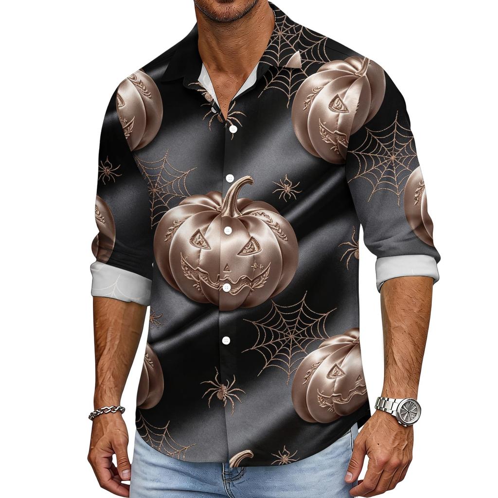 Men's Loose Fit Long Sleeve Shirt Halloween Pumpkin Print Casual Button Down Shirt Vintage Style Breathable Fabric Comfortable for Outdoor Workwear