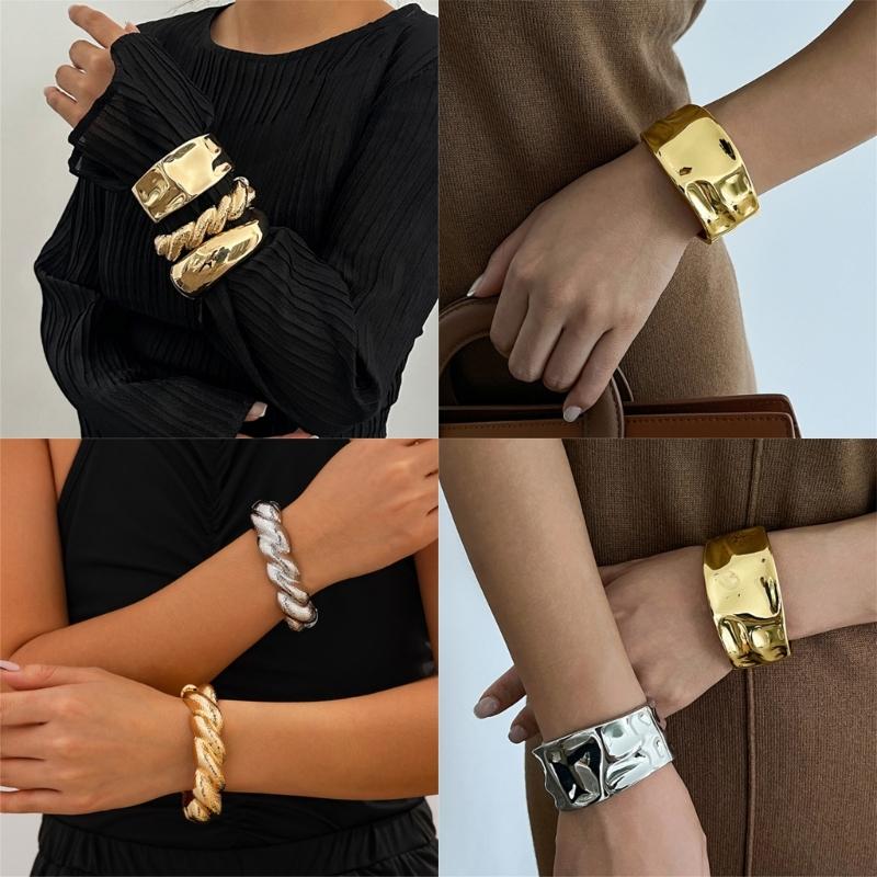 Hip Hop Irregular Spring Bangles Punk Wide Cuff Geometric Bracelets Party Jewelry Alloy Texture for Women and Men