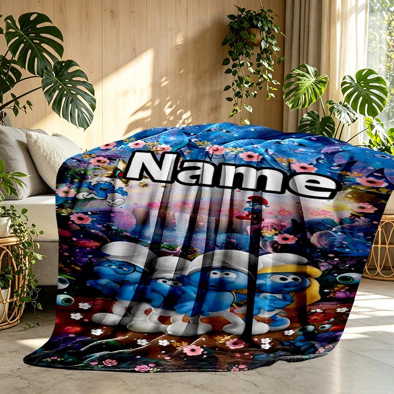 Custom Name Personalized Blue Smurfs Print Blanket, Home Decor, Bedroom, Sofa, Camping, Couch, Gifts for Birthday Christmas