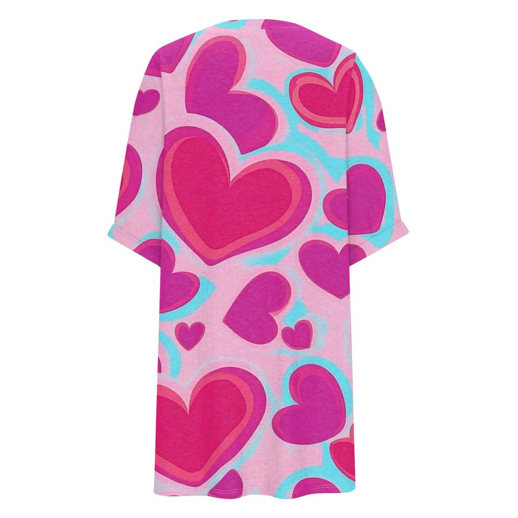 Damenmode Übergröße V-Ausschnitt Dreiviertelärmel Lässiges Lockeres Kleid mit Valentinstags-Liebesdruck und Taschen