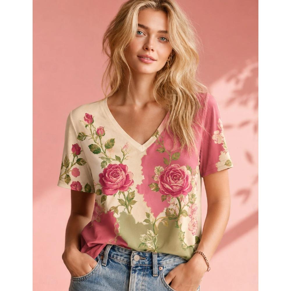 Women Summer T Shirt Beautiful Flower Print Short Sleeve Tees Casual Printed Tops XS розовый