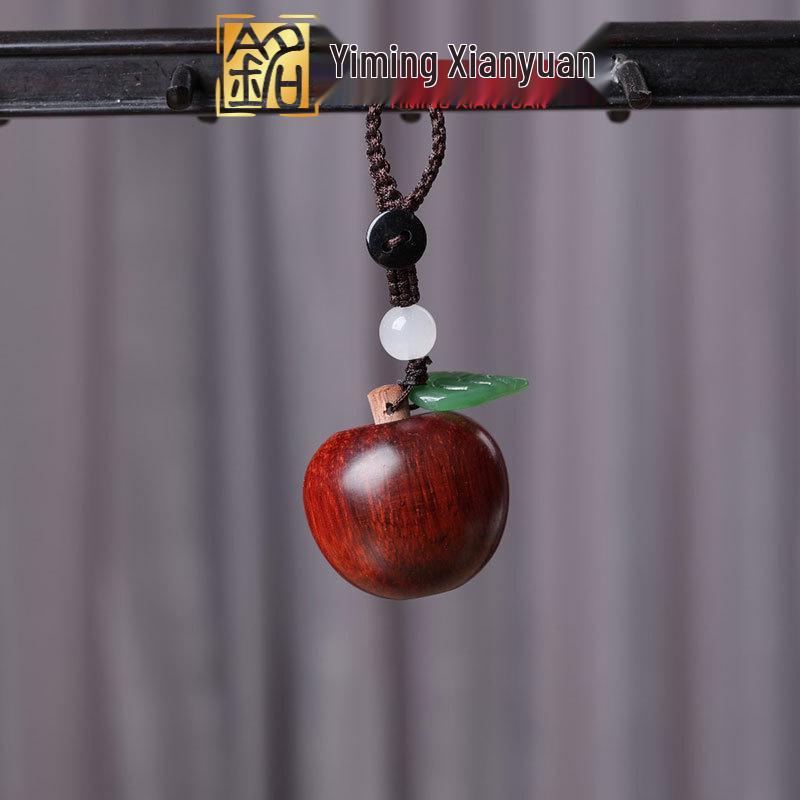 Sandalwood Carved Apple Persimmon Phone Strap & Keychain Tassel Ornament Approx. 3cm