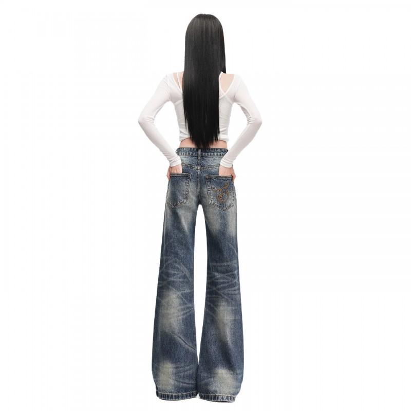 Womens Low-Rise Washed Flared Jeans Stretch Slim Fit Streetwear Denim Pants