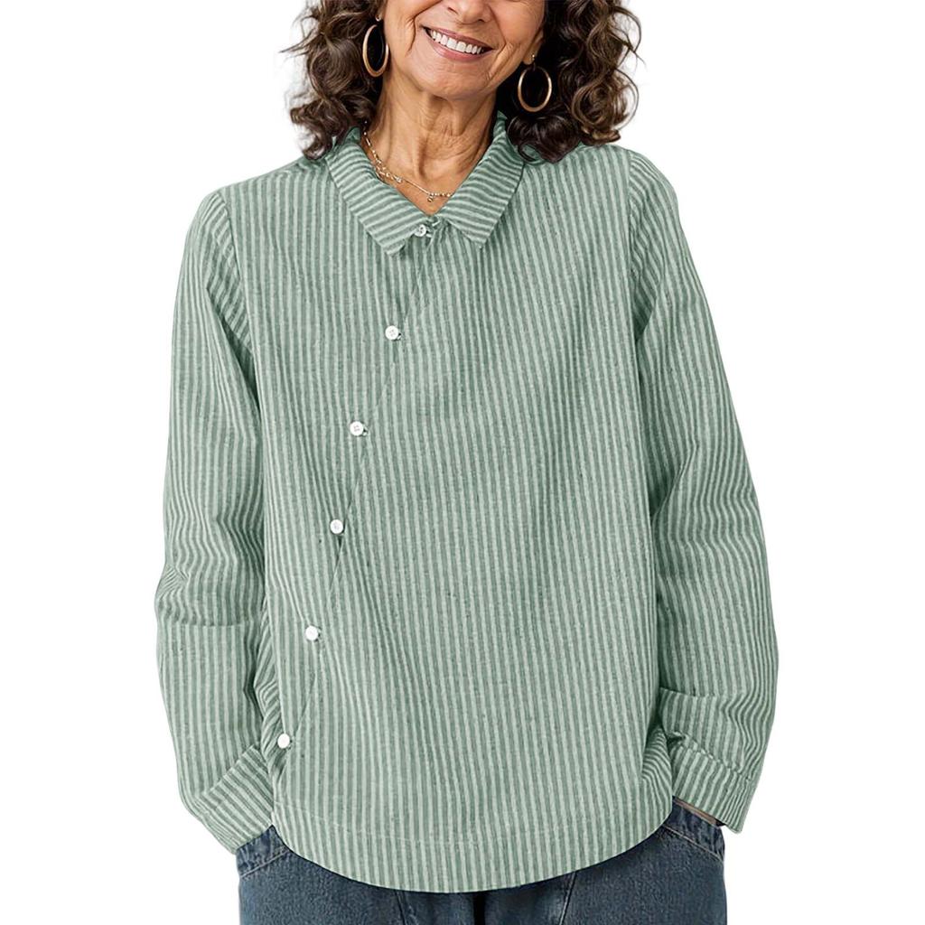 Women's Casual Striped Shirt Long Sleeve Button Front Blouse Collared Top for Everyday Wear and Office Use