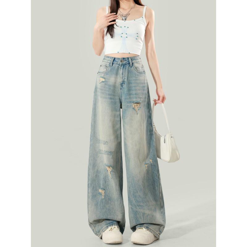 Womens High-Waisted Wide-Leg Distressed Denim Jeans 2026 Loose Fit Cropped Flare Trousers