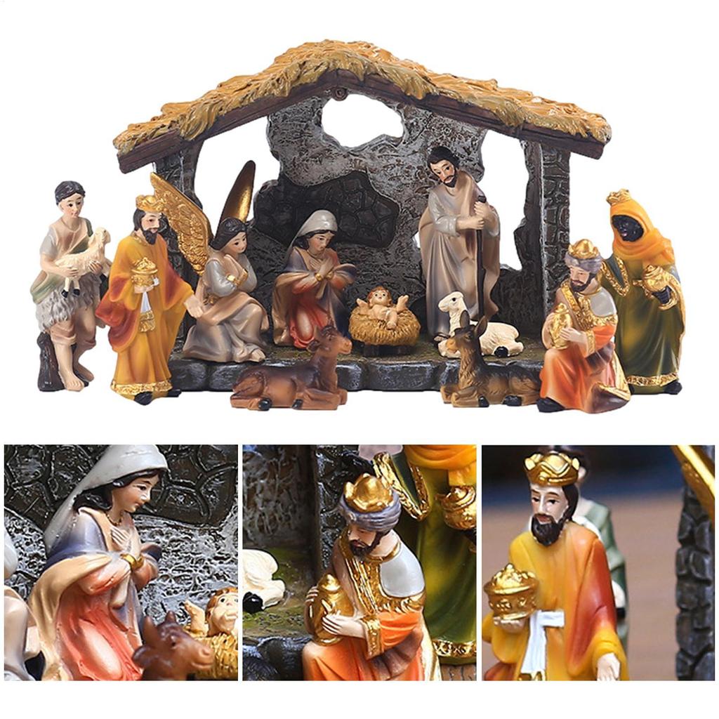 Christmas Nativity Scene Resin Set With House Gift Box Table Centerpiece Home Display For Family Kids Holiday Gift