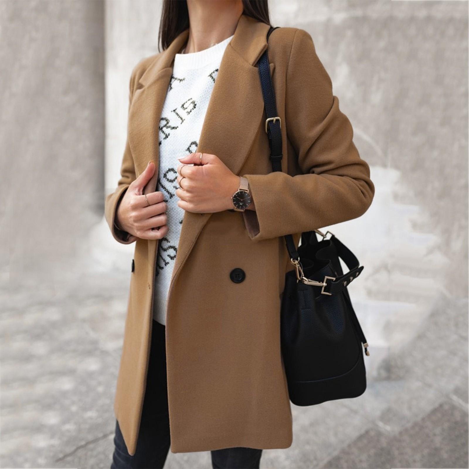 

Модные женские однотонные свободные топы с двубортным твидовым воротником и длинными рукавами L