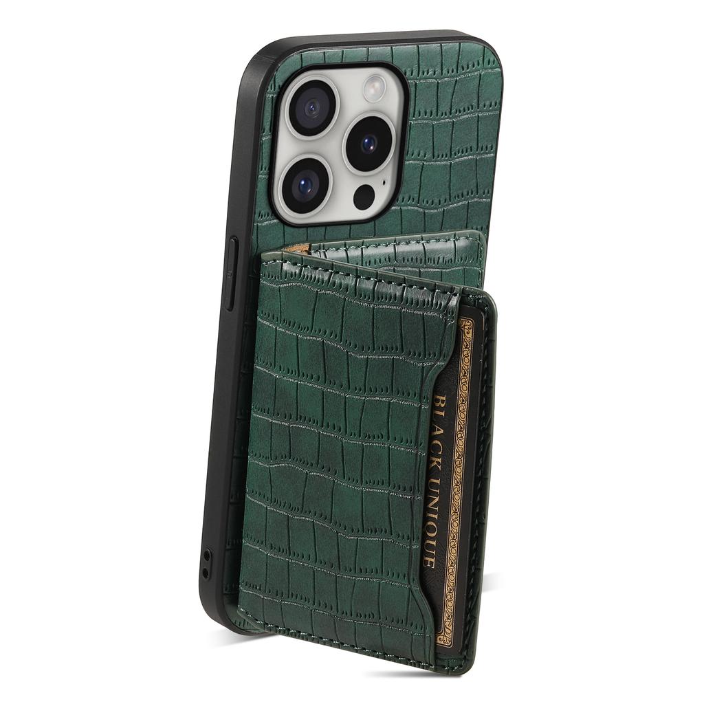 For iPhone 16 Pro Case Card Holder Kickstand Crocodile Texture Leather Back Phone Cover