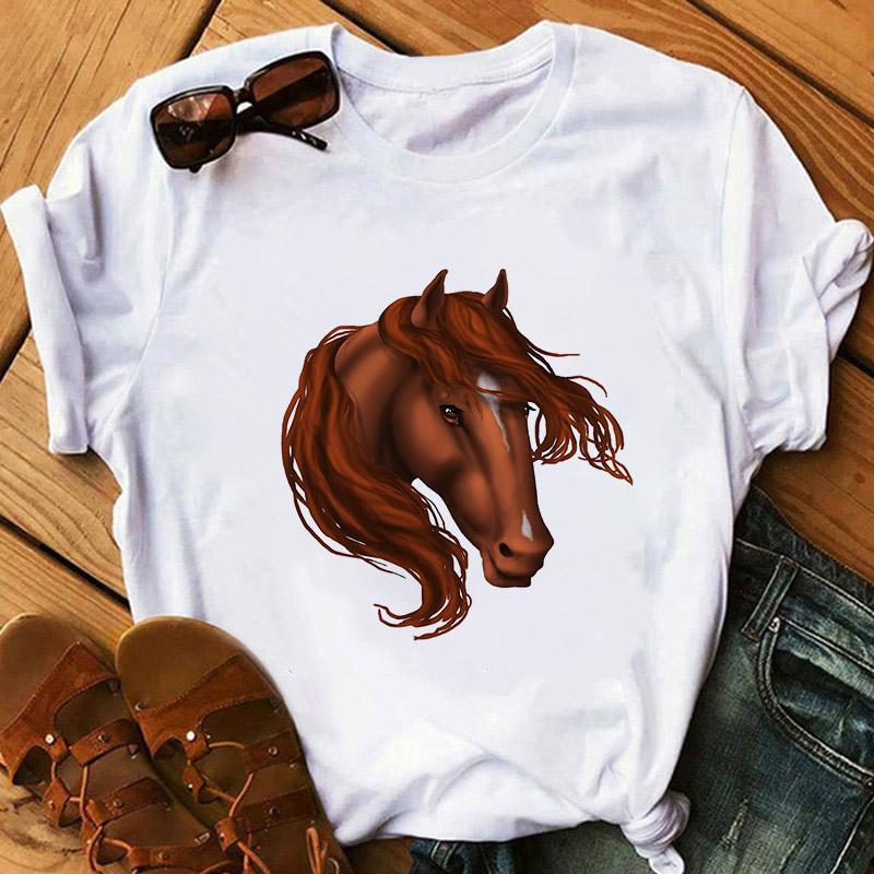 Horse Head Print Women T Shirt Aesthetic Art Short Sleeve Clothing Female T-Shirt Harajuku Graphic Clothing Women's Top