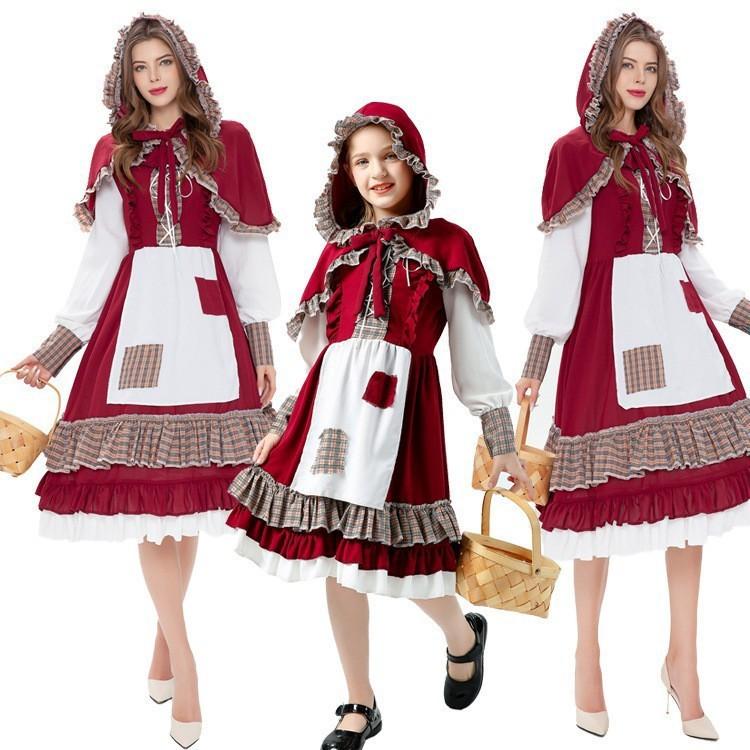 Set Costume Fiaba Cappuccetto Rosso Per Bambine e Adulti in Tessuto di Poliestere Per Cosplay e Feste a Tema