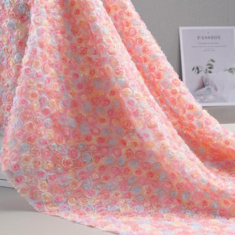 Encrypted Seven-Color Embroidered Silk Georgette Fabric Hollow Out Rose Peony Flower Wedding Dress Mesh Embroidery Material