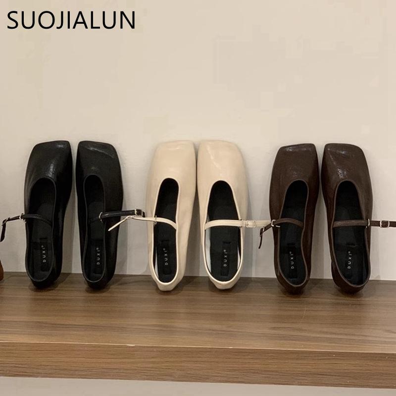 Fashion SUOJIALUN New Brand Women Flat Shoes Fashion Round Toe Slip On Ladies Mary Jane Shoes Soft Flat Outdoor Dress Single Shoes