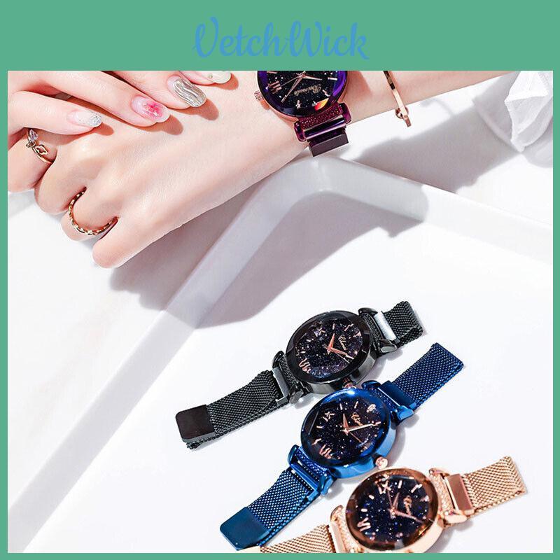 Elegante Reloj de Señora con Esfera de Cielo Estrellado y Correa Magnética de Acero Inoxidable para Mujer