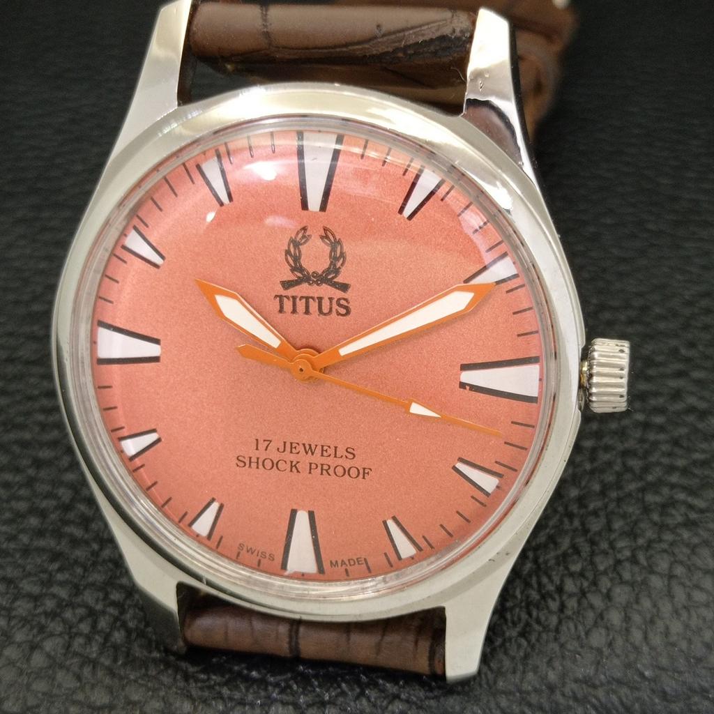 HAND-WINDING VINTAGE TITUS SWISS MENS REFURBISHED PEACH DIAL WATCH A500064-2 R151a-a500064