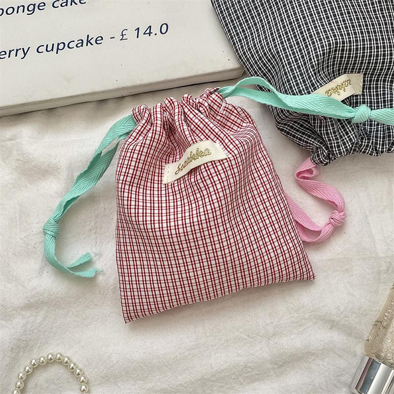 Checkered Pattern Lipstick Makeup Bag With Drawstring Simple Jewelry Handbag Large Capacity Storage Pouch