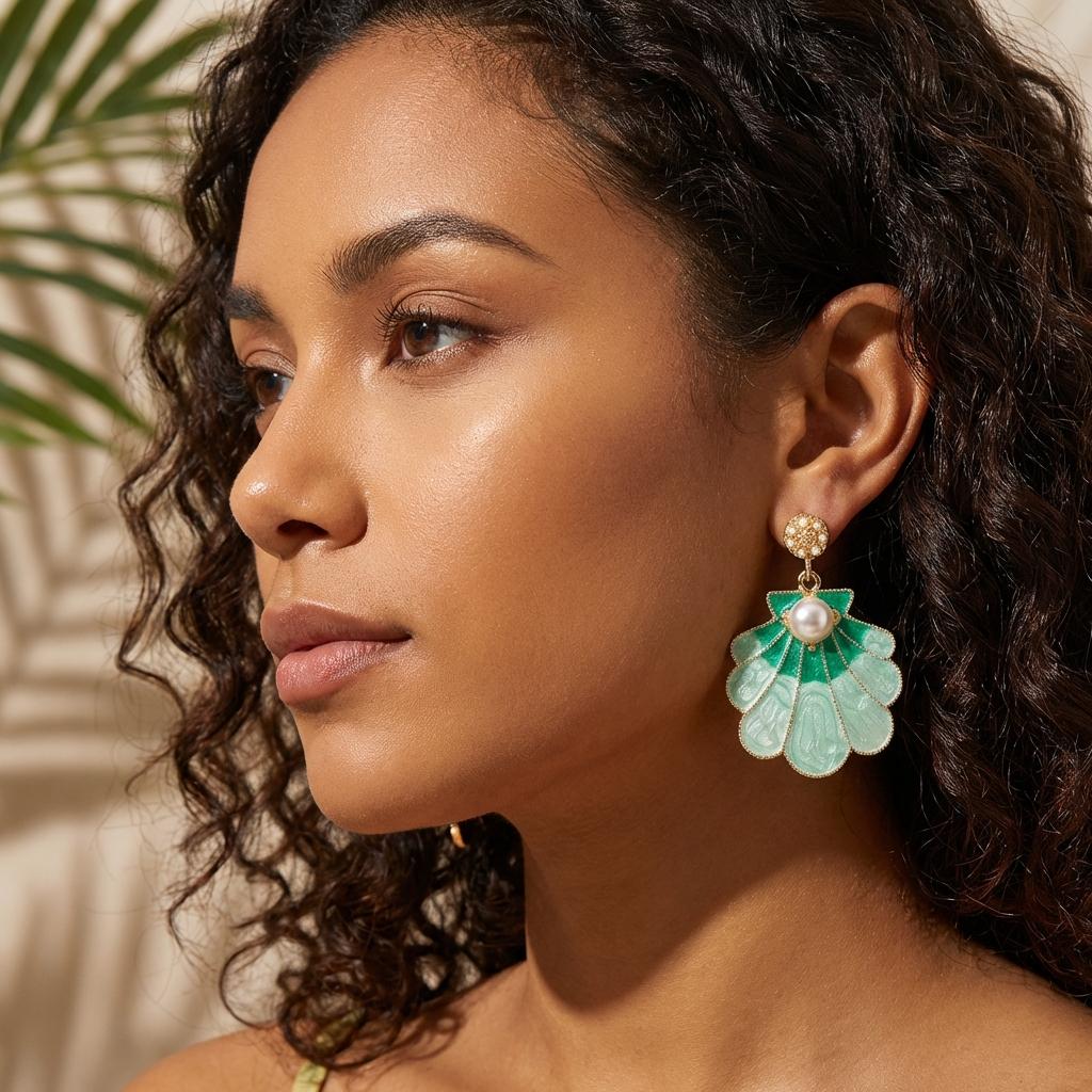 Elegant Imitation Pearl Shell Stud Earrings for Women Trendy Gradient Green Enamel Shell Earrings Bohemian Beach Party Jewelry