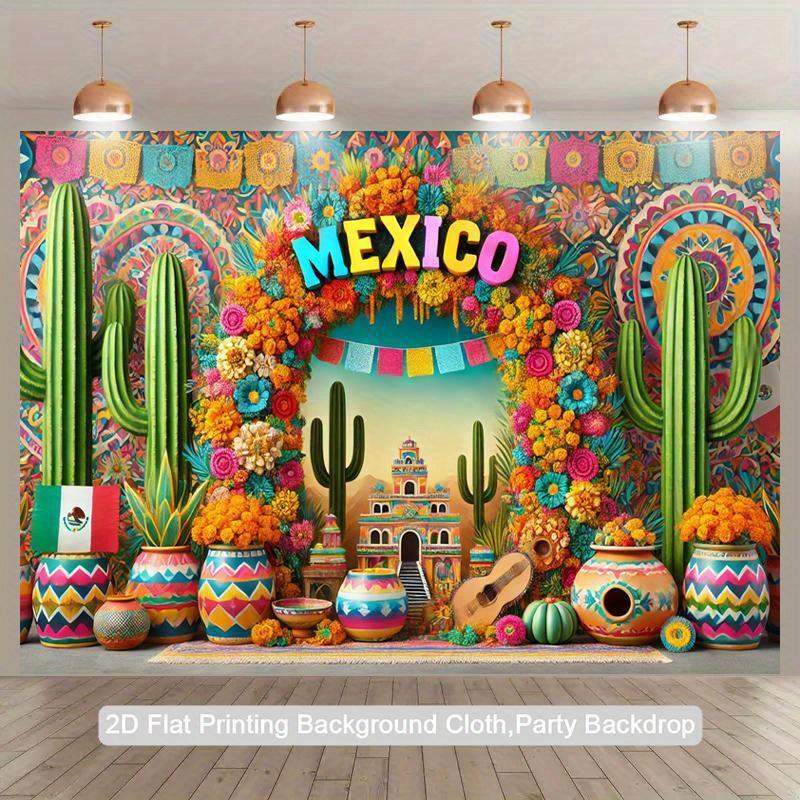 1 Mexican Style 2D Flat Background Tapestry Photography Set with Cactus, Paper Fan and Hat Design