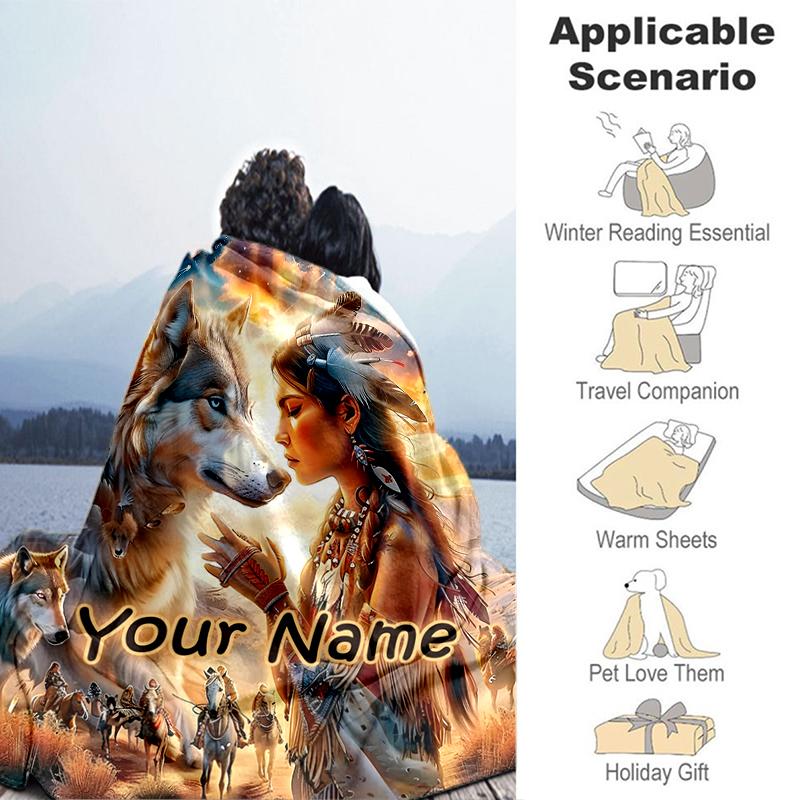 1PC Custom Name Wolf Spirit Journey Flannel Blanket Versatile,all-season Throw Suitable for the Living Room,bedroom,camping,travel,and Gift