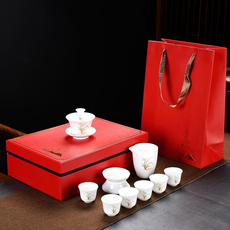 Household Kung Fu Tea Set High White Porcelain Blue and White Tea Set Business Gifts