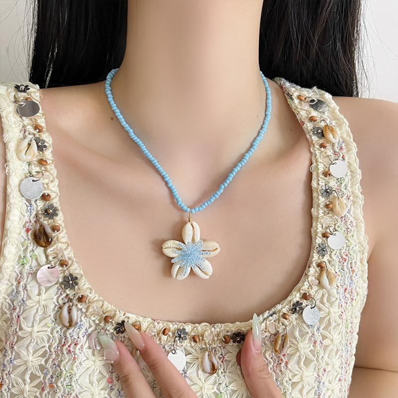 Summer Beaded Flowers Shell Coconut Tree Pendant Necklace Women'S Party Jewelry Gift