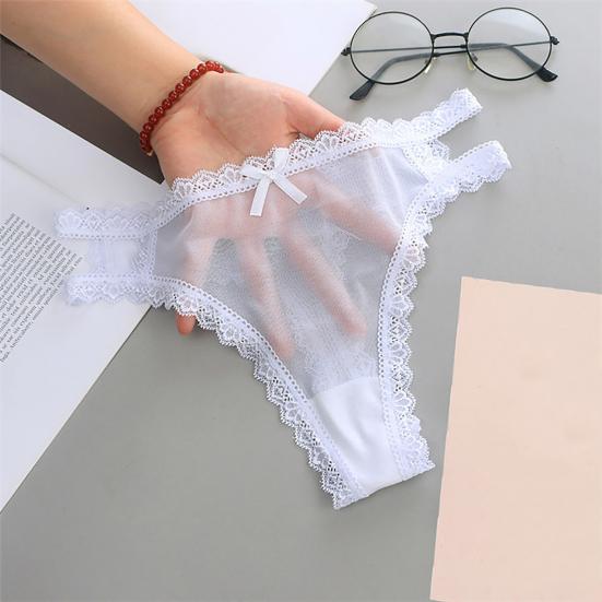 Sexy Embroidery Lace Stitching Briefs Solid Color Bowknot Decor See-through Mesh Thong Low-rise Ultra-thin Hollow Out Panties