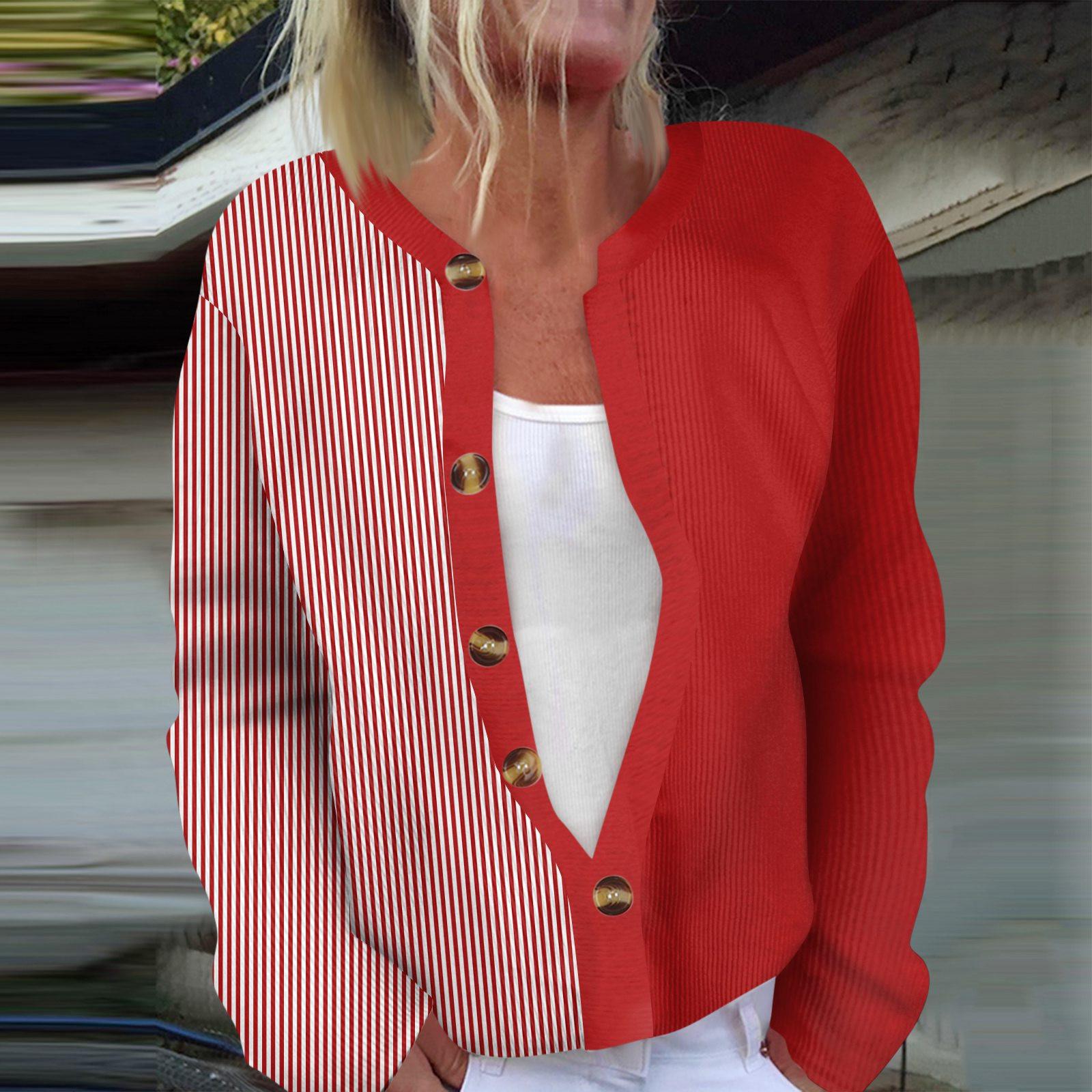 

Женская мода с длинным рукавом, карнавальный цветной полосатый принт, куртка, кардиган S красный