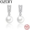 OZAN S925 8mm Shell Pearl Sterling Silver Dangle Drop Earrings Trendy Gemstone Jewelry for Women Lady Girls Anniversary Gift