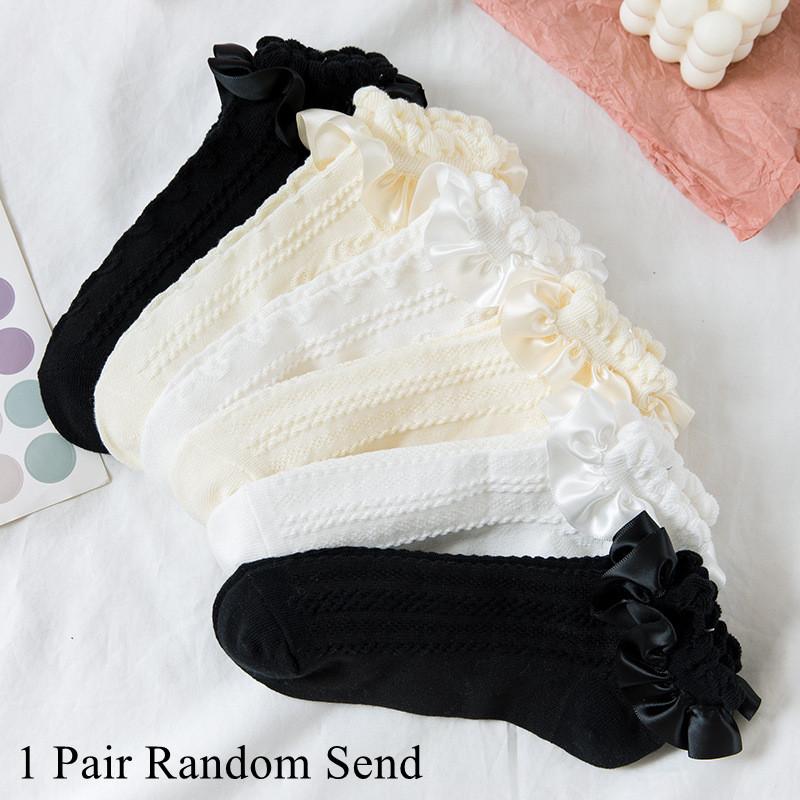 Damen Socken Lolita Stil Japanisch Kawaii Niedlich Rüschen Socken Einfarbig Weiß Schwarz Netzspitze Mädchen Süße Harajuku Kurze Socken