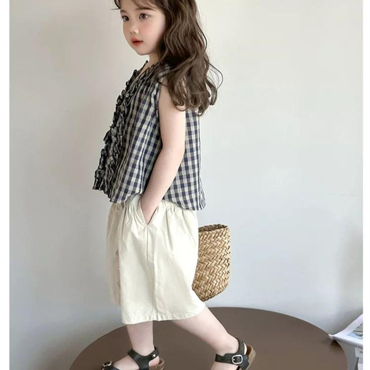 Girl's Sleeveless Wide Leg Pants Set Summer Fashion Versatile Checkered Casual Set for Girls