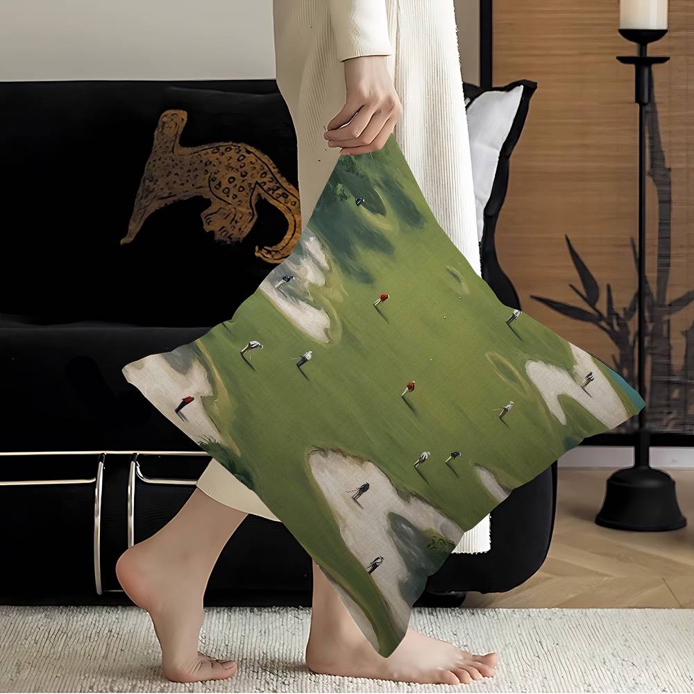 Vintage Green Tiny Golfers Art Pillow Cover Sofa Cushion Cover Home Room Decoration Children Gift
