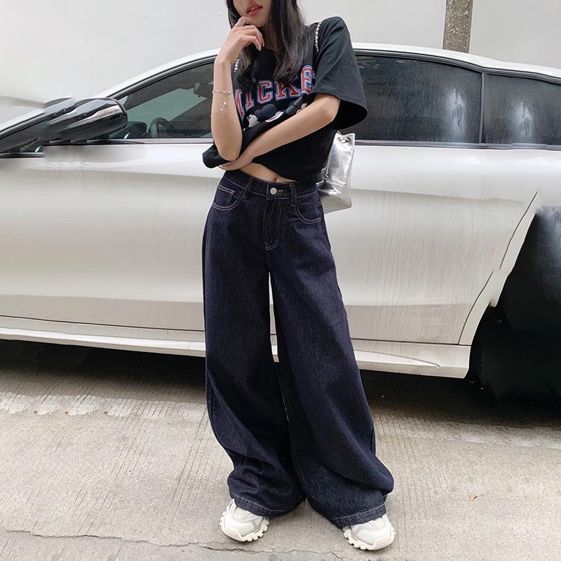 Women s Dark Blue High-Waisted Wide-Leg Jeans - 2025 Spring/Autumn Straight Loose Floor-Length Pants L