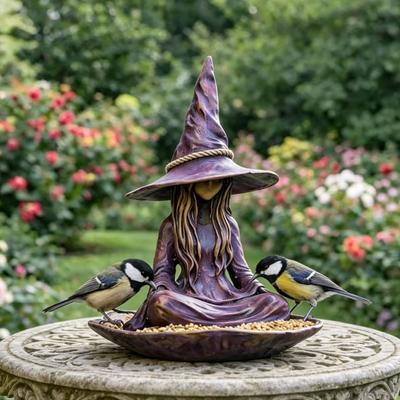 Mediterende Heks Tuin Vogelvoederhuisje Hars Heksenbeeld Buiten Hangend Zaadvoederhuisje voor Buiten Zen Tuin Terras Achtertuin Decoratie
