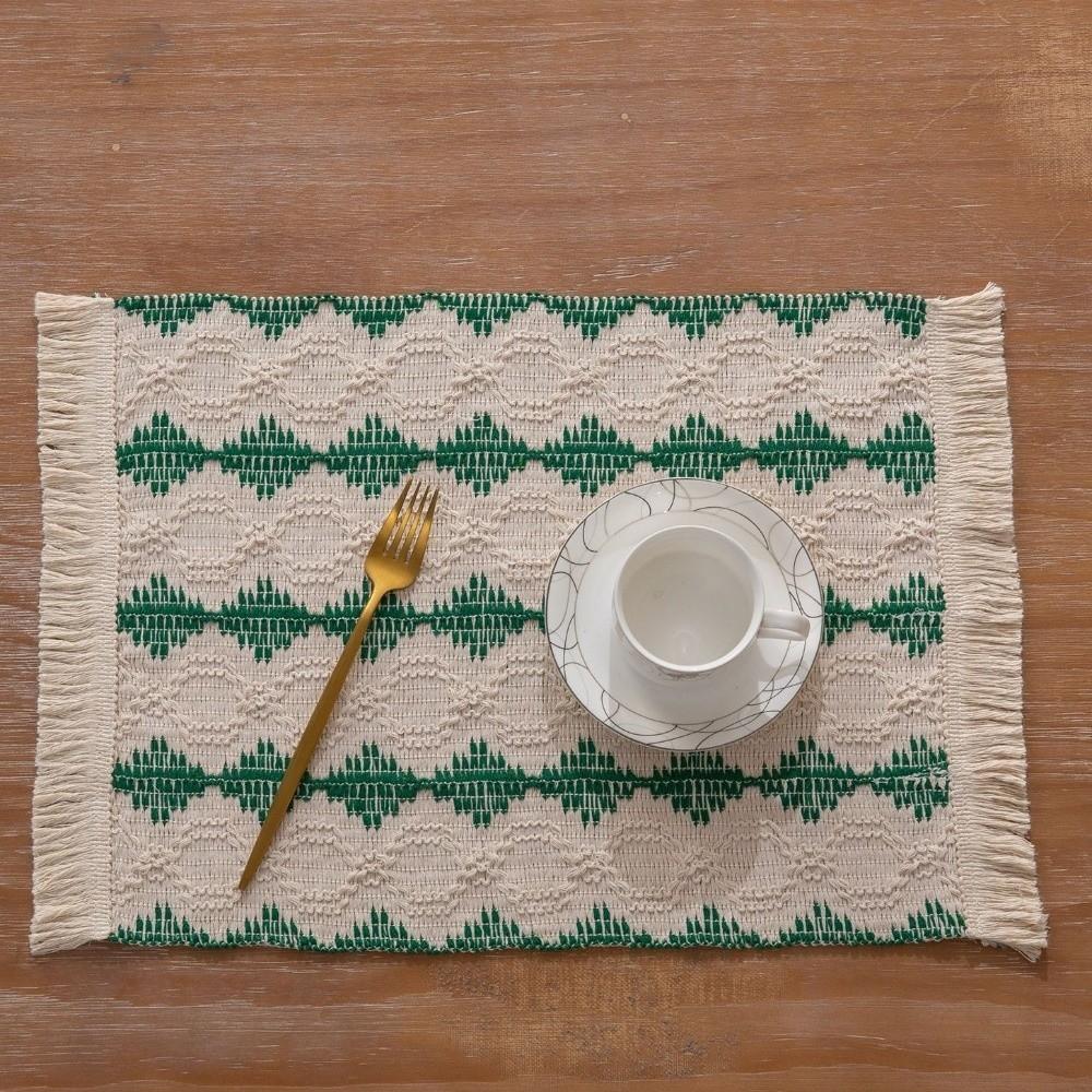 2 Stück Moderne Tischsets aus Leinen-Baumwolle Handgefertigt Quaste Doppelfarbig Spleißend Hitzebeständige Unterlage Bauernhaus Esstischmatte